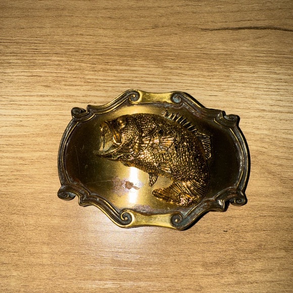 Other - Vintage Raintree 1980 Gold Tone Big Mouth Bass Fish Fishing Belt‎ Buckle